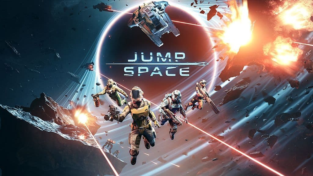 Alt text: Cinematic promotional art for the game "Jump Space," featuring astronauts in a sci-fi space battle near a black hole.
