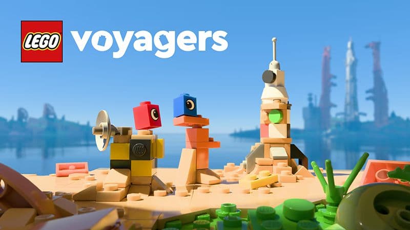 LEGO Voyagers promotional image featuring two small brick-built characters standing on a LEGO landscape next to a stylized rocket, with a futuristic skyline and water in the background.