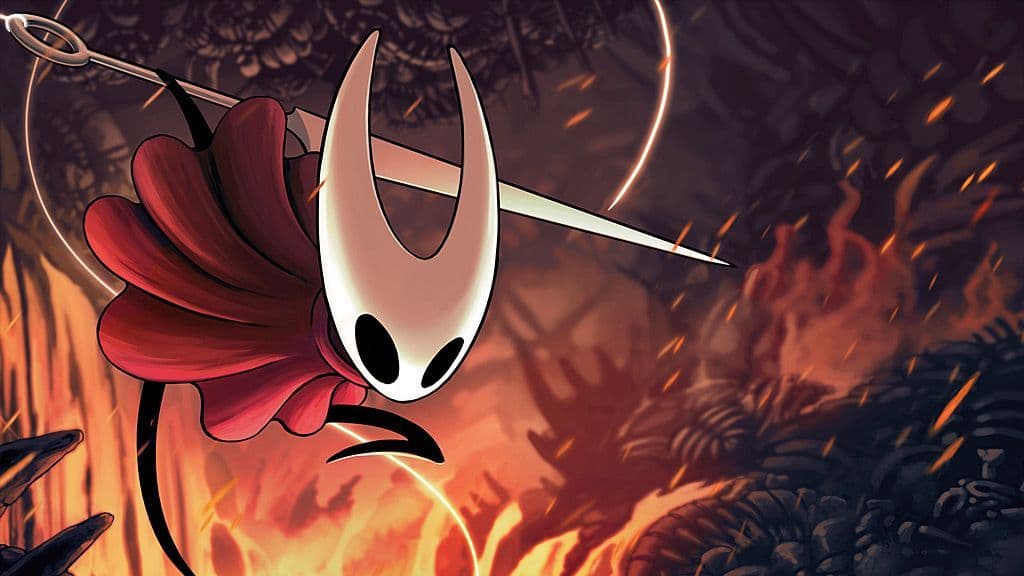 Stylized 2D action-adventure artwork of Hornet from "Hollow Knight: Silksong" leaping through a fiery cavern.