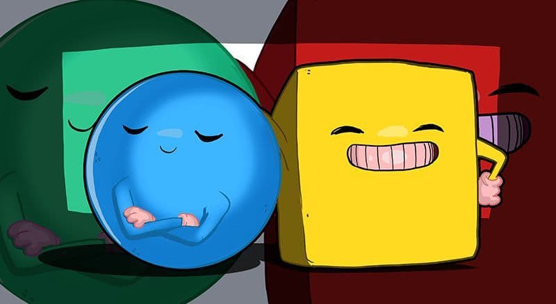 A vibrant 2D illustration of anthropomorphic blue sphere and yellow cube characters, with larger green and red versions in the background.